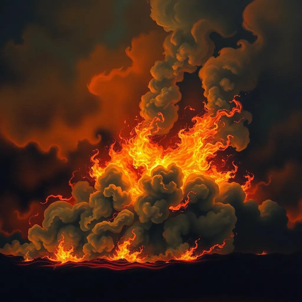 A raging fire with bright flames against a dark sky, creating an urgent yet dramatic scene, thick smoke billowing towards the night, illustration, dramatic colors, high quality