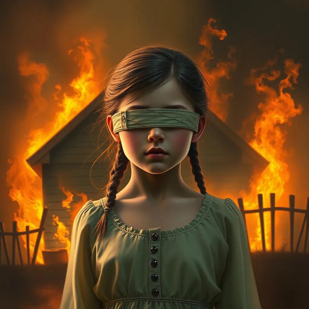 A young blind girl, Lily, standing in front of a burning house, with determination on her face, air filled with smoke, digital painting, strong emotional expression, high quality