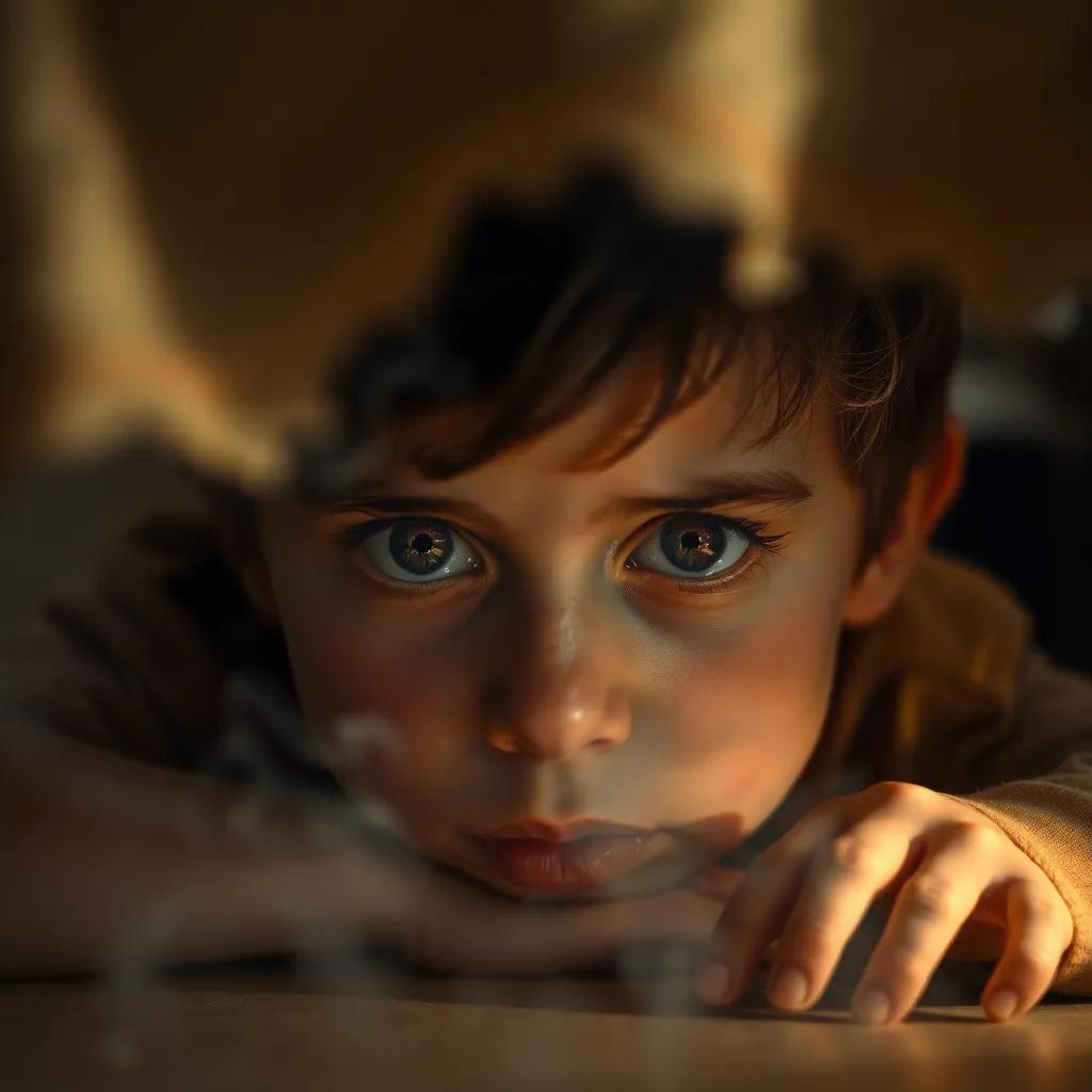 A close up of the young boy, Ben, hiding under a table, with scared eyes, surrounded by smoke, warm light, emphasizing fear but also hope, high quality