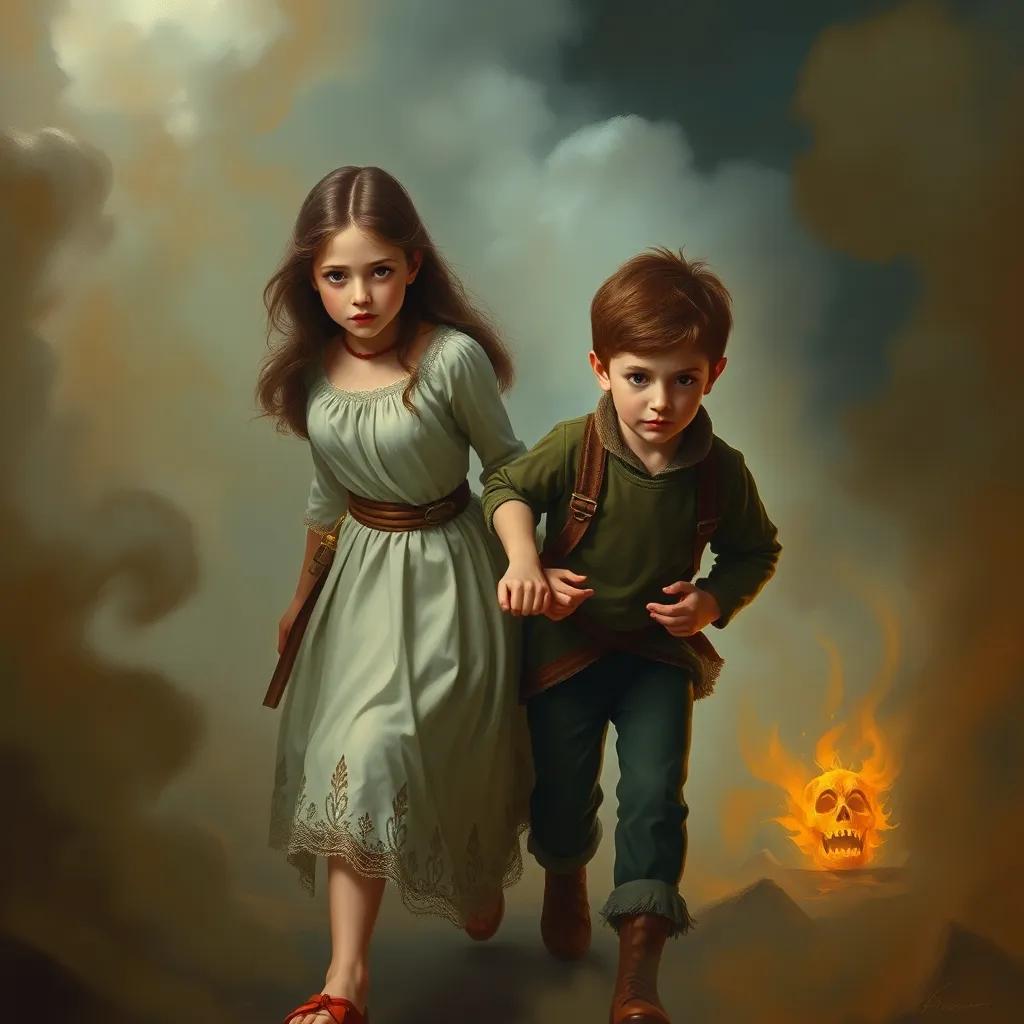 A brave girl leading a frightened boy through thick smoke, both looking determined, hands clasped, artwork emphasizing courage and friendship, high quality