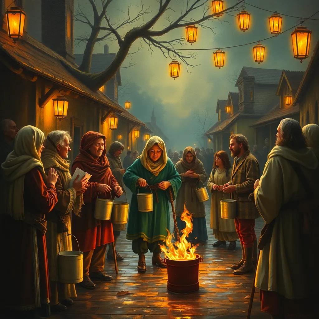 Villagers bringing buckets of water to put out the fire, expressions of gratitude and admiration, warm lantern lights in the background, inviting atmosphere, high quality