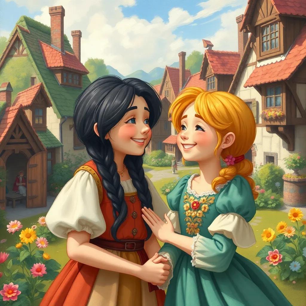 A heartwarming scene of Lily and Ben as best friends, smiling at each other with joy and warmth, surrounded by their supportive village, bright colors, happy ending, high quality