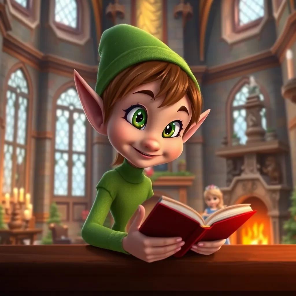 An elf on the shelf, Lily, with sparkling green eyes and a mischievous smile, peering down at a grand castle with a fireplace and a reading princess, digital art, cozy, warm colors, inviting atmosphere, high quality