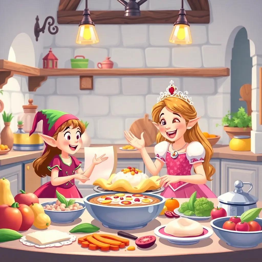 A lighthearted scene in a castle kitchen with Lily the elf, and a joyful princess Annabelle, making plans for a pie fight surrounded by colorful ingredients and laughter, illustration, bright and cheerful, family-friendly, whimsical, high quality