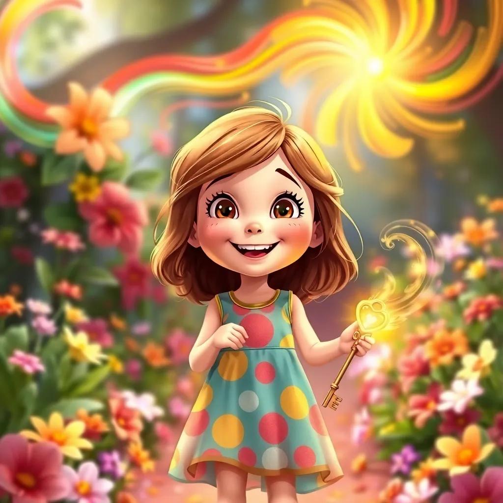 Lily, a curious little girl, with bright brown hair, wearing a colorful dress, standing in a vibrant garden filled with flowers and a shiny golden key in her hand, joyful expression, magical swirling colors around her, illustration, bright and cheerful, enchanting atmosphere, high quality