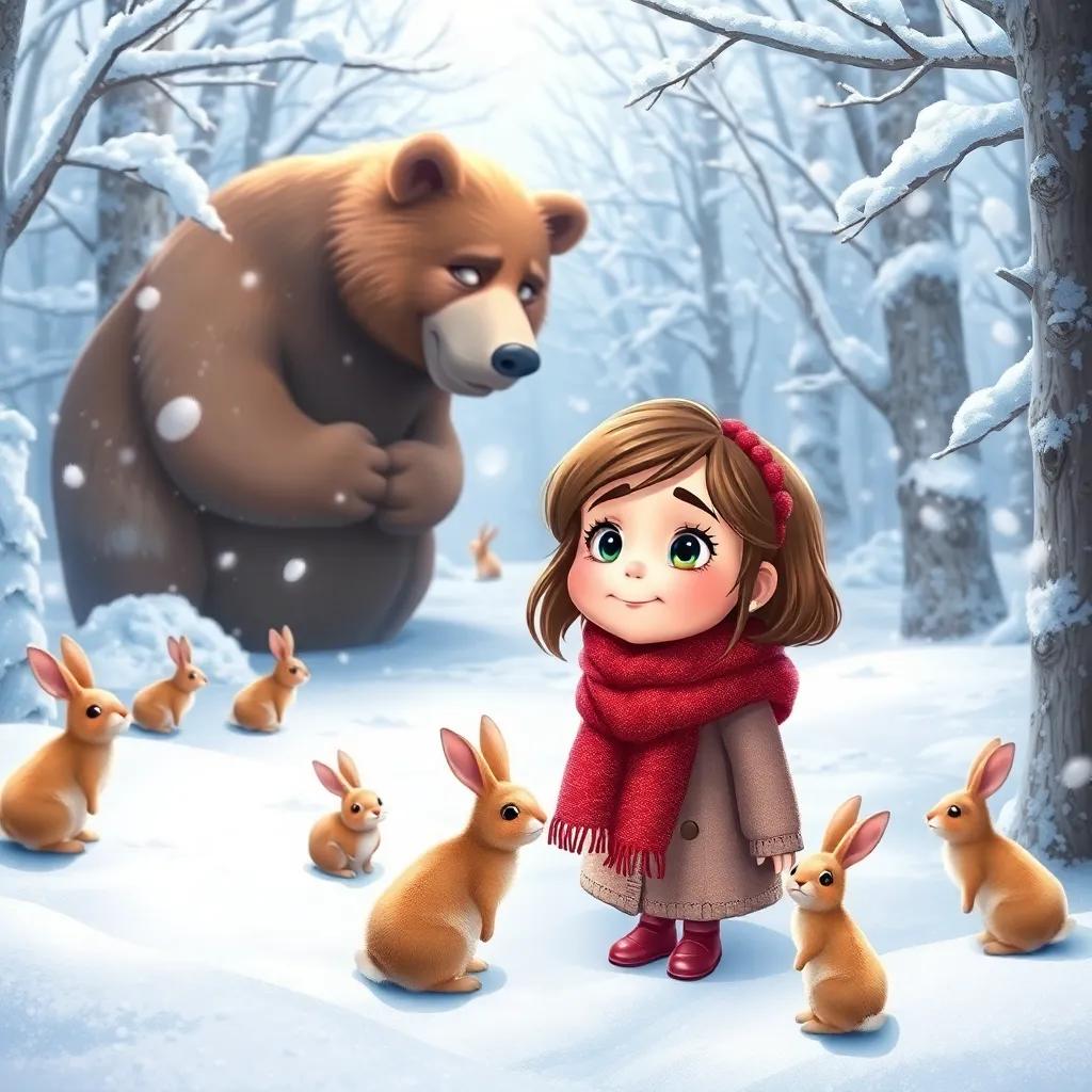 A winter scene with sparkling white snow all around Lily, a curious little girl with bright brown hair, wearing a cozy red scarf, meeting Mr. Bear, who is yawning, surrounded by snow-covered trees and playful rabbits, detailed digital art, chilly bright colors, inviting winter magic, high quality