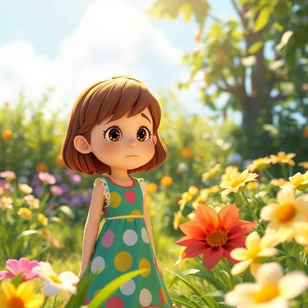 A bright girl named Lily with short brown hair and a colorful dress stands in a sunny garden, looking sad as she searches for her lost letter, digital art, cheerful colors, warm sunlight, high quality