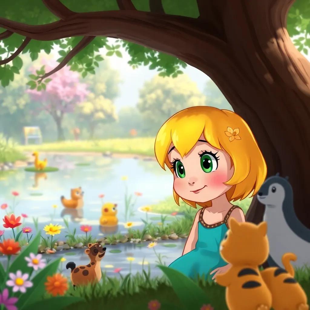 Lily is shown looking under a tree and beside a pond, with a curious expression on her face, colorful flowers around her, friendly animals watching, illustration, vibrant, engaging atmosphere, high quality