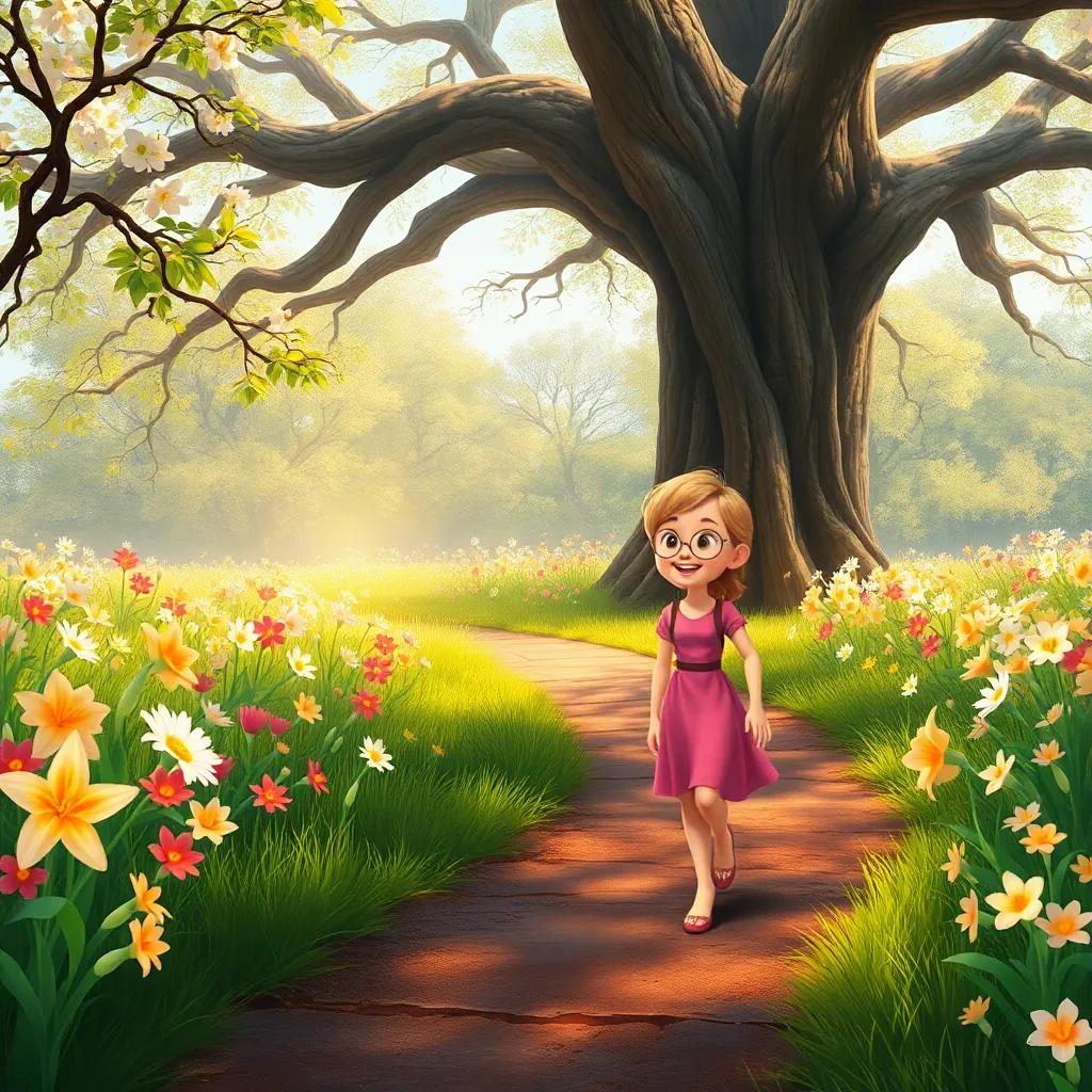 Lily walks along a path with a wide smile. She is noticing a glimmer near an old oak tree, spring flowers blooming all around, digital painting, joyful tones, enchanting atmosphere, high quality