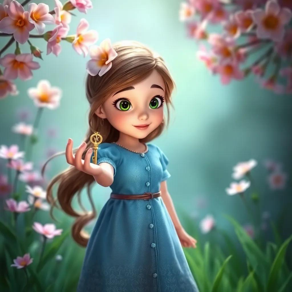 In Lily's hand, she holds a tiny magical key, shining and sparkling, surrounded by blooming flowers and soft green grass, fantasy style, vivid color, whimsical mood, high quality