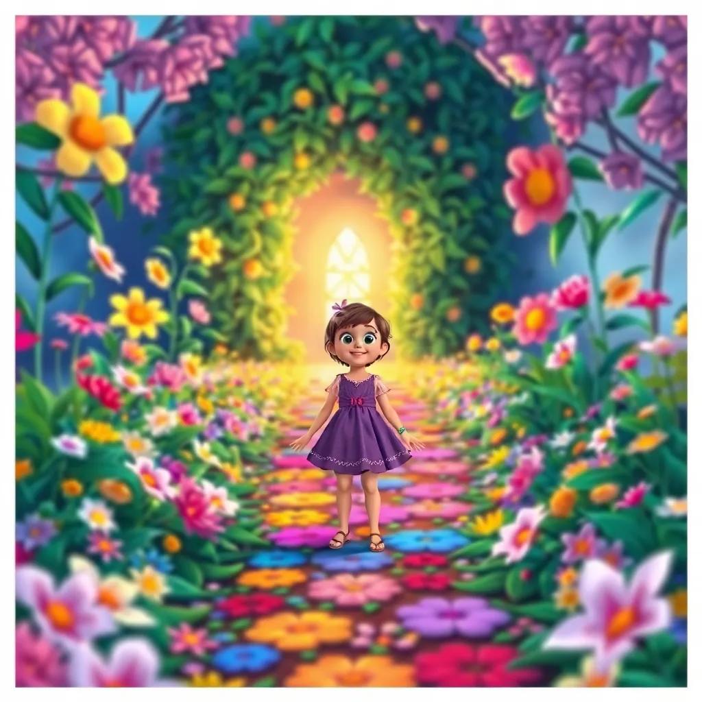 Lily stands on a colorful path filled with flowers, her eyes wide with wonder, as she follows the path that leads towards a sparkling door hidden amongst vines, digital art, bright colors, imaginative scene, high quality