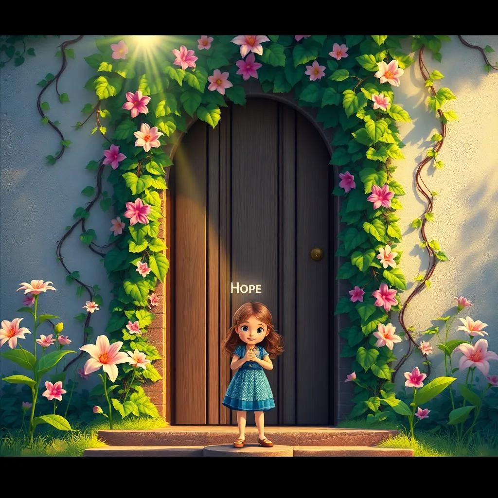 A beautifully adorned door covered in vines sparkles in the sunlight. Lily stands in front, holding the magical key with hope in her eyes, illustration, vibrant colors, inviting light, high quality