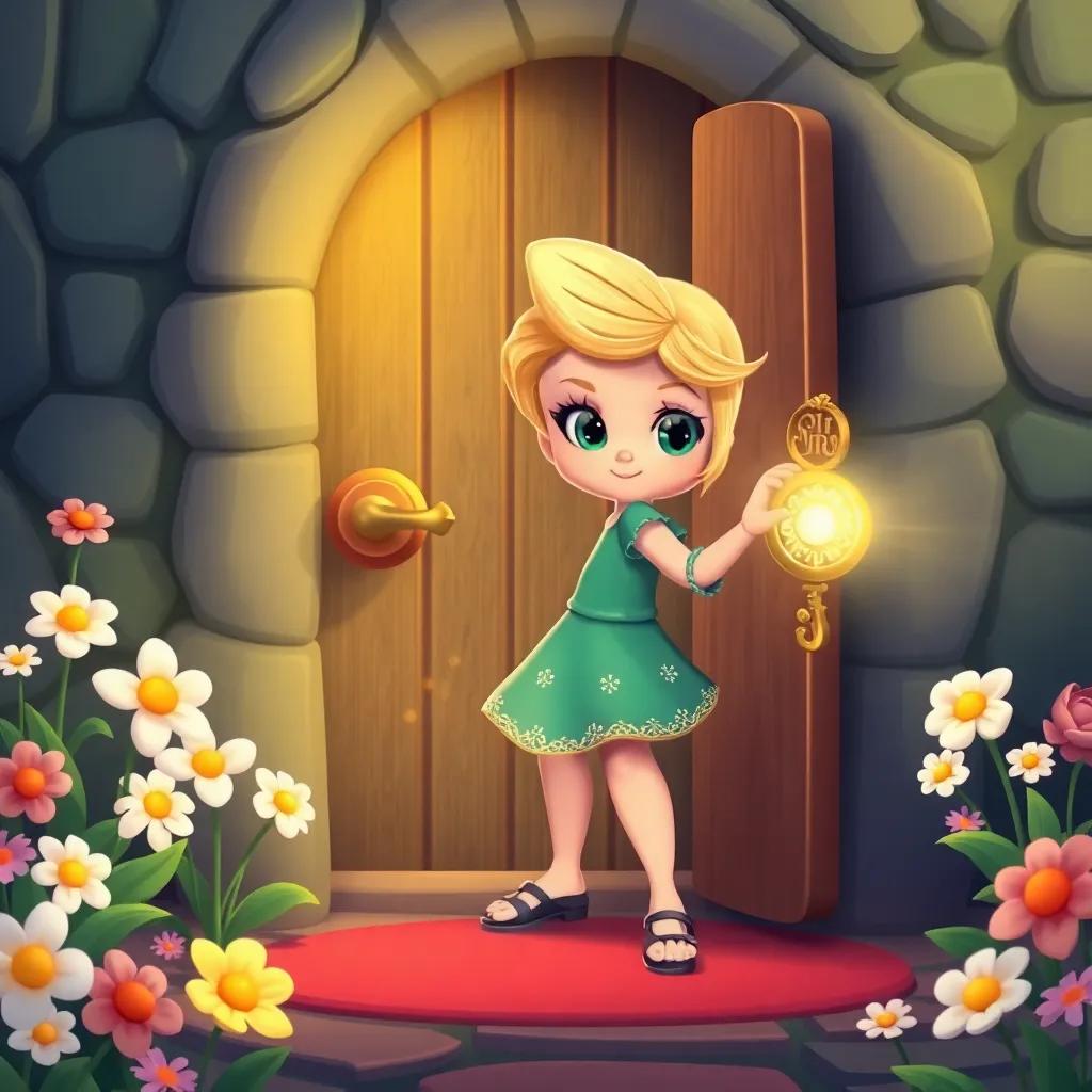 Lily is unlocking the magical door with a gleaming key, a sense of adventure in her eyes, flowers blooming all around, a friendly setting, child-friendly illustration, bright and cheerful colors, high quality