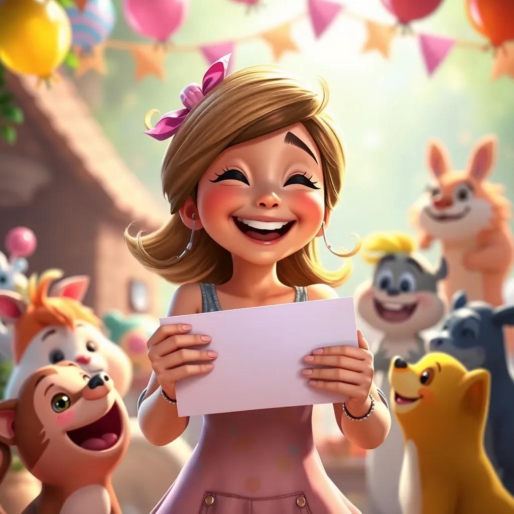 Lily happily grabs her letter, laughter on her face, with friendly creatures gathered around her, vibrant colors and light, celebration atmosphere, high quality