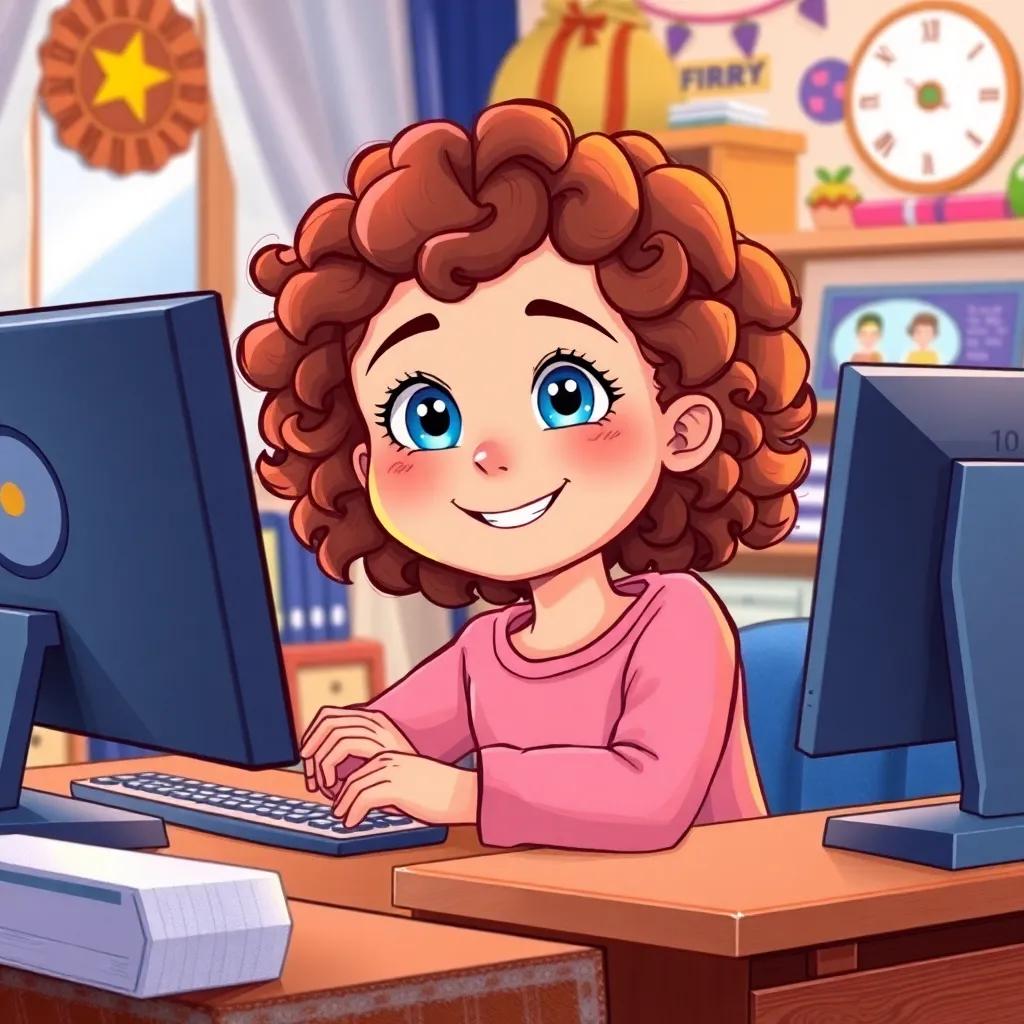 A bright 10-year-old girl, Lily, with curly brown hair and sparkling blue eyes, sitting at a computer desk, smiling at the screen during an online video call with friends, cozy room, warm lighting, colorful decorations, cheerful atmosphere, digital art, detailed, engaging quality