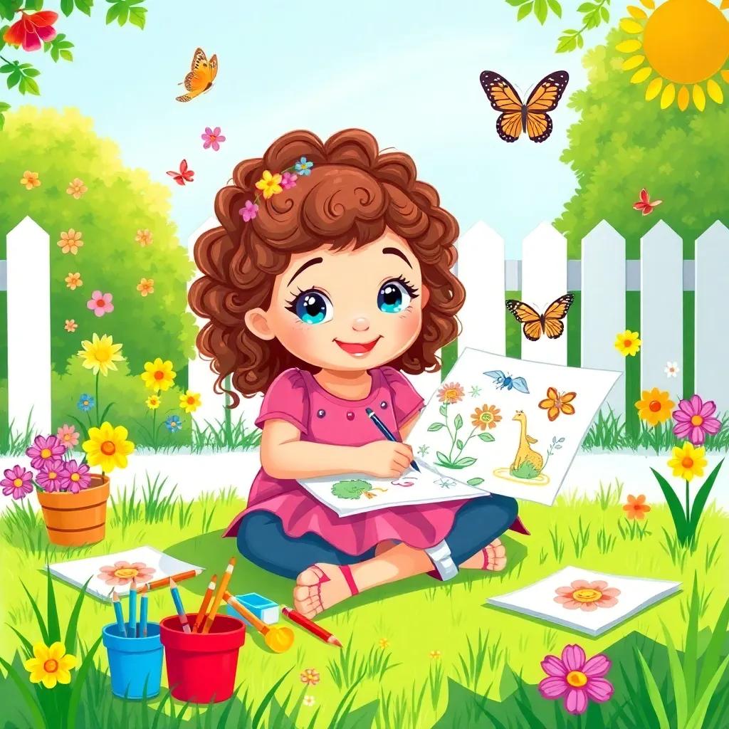 Lily, a bright 10-year-old girl, with curly brown hair and sparkling blue eyes, sitting in her sunny backyard with art supplies spread around, drawing pictures of flowers and animals, surrounded by green grass and colorful butterflies, illustration, vibrant colors, child-friendly, uplifting