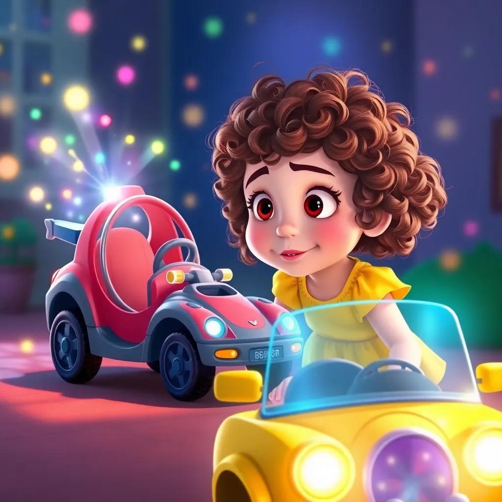 Lily, a young girl with curly brown hair in a yellow dress, staring wide-eyed as her toy car transforms into a time machine with colorful lights around it, illustration, magical atmosphere, bright and playful, high quality