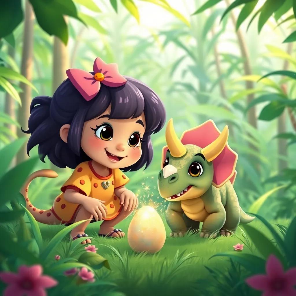 Lily with Trixie, a small Triceratops, in a bright green jungle, exploring together and looking at sparkling dino eggs, happy expressions, colorful, friendly vibe, high quality