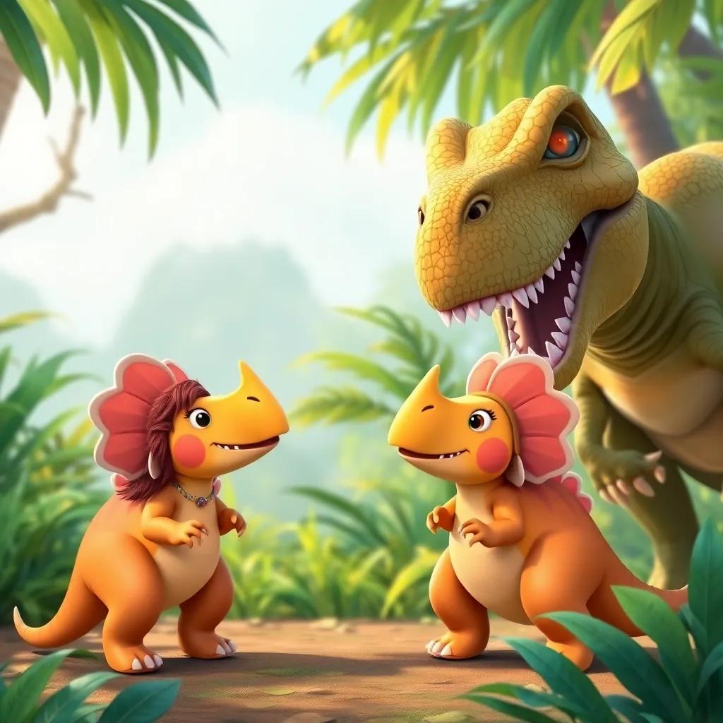 Lily and Trixie, the Triceratops, using their loud voices to greet a friendly T-Rex, who looks curious, showing teamwork in the jungle, digital art, vibrant, child-friendly, high quality