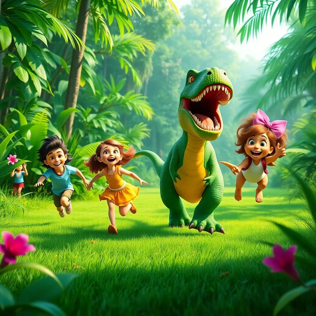 Lily, Trixie, and the T-Rex playing tag in the green jungle, all of them laughing and running joyfully together, bright colors, fun atmosphere, high quality