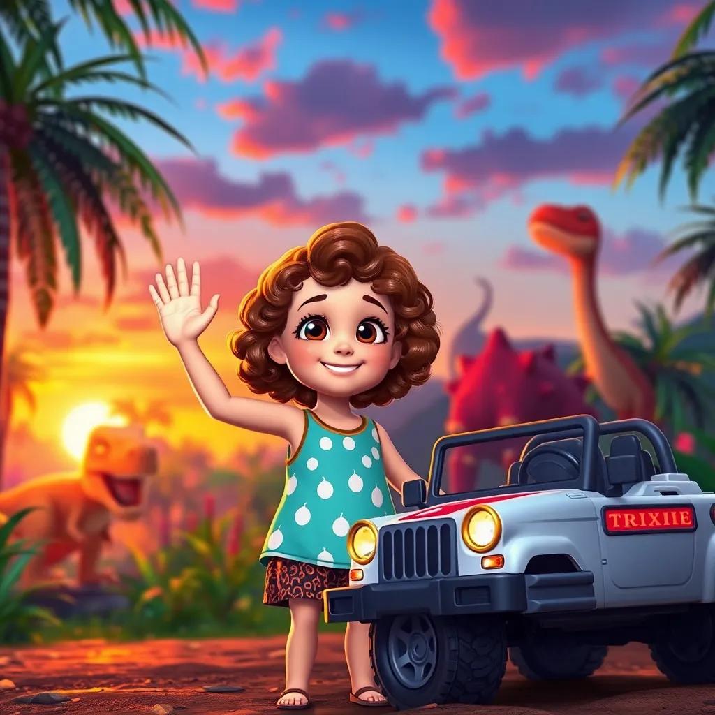 Lily, a young girl with curly brown hair, waving goodbye to Trixie in the dino jungle, with her toy car ready beside her, heartwarming, colorful sunset, high quality