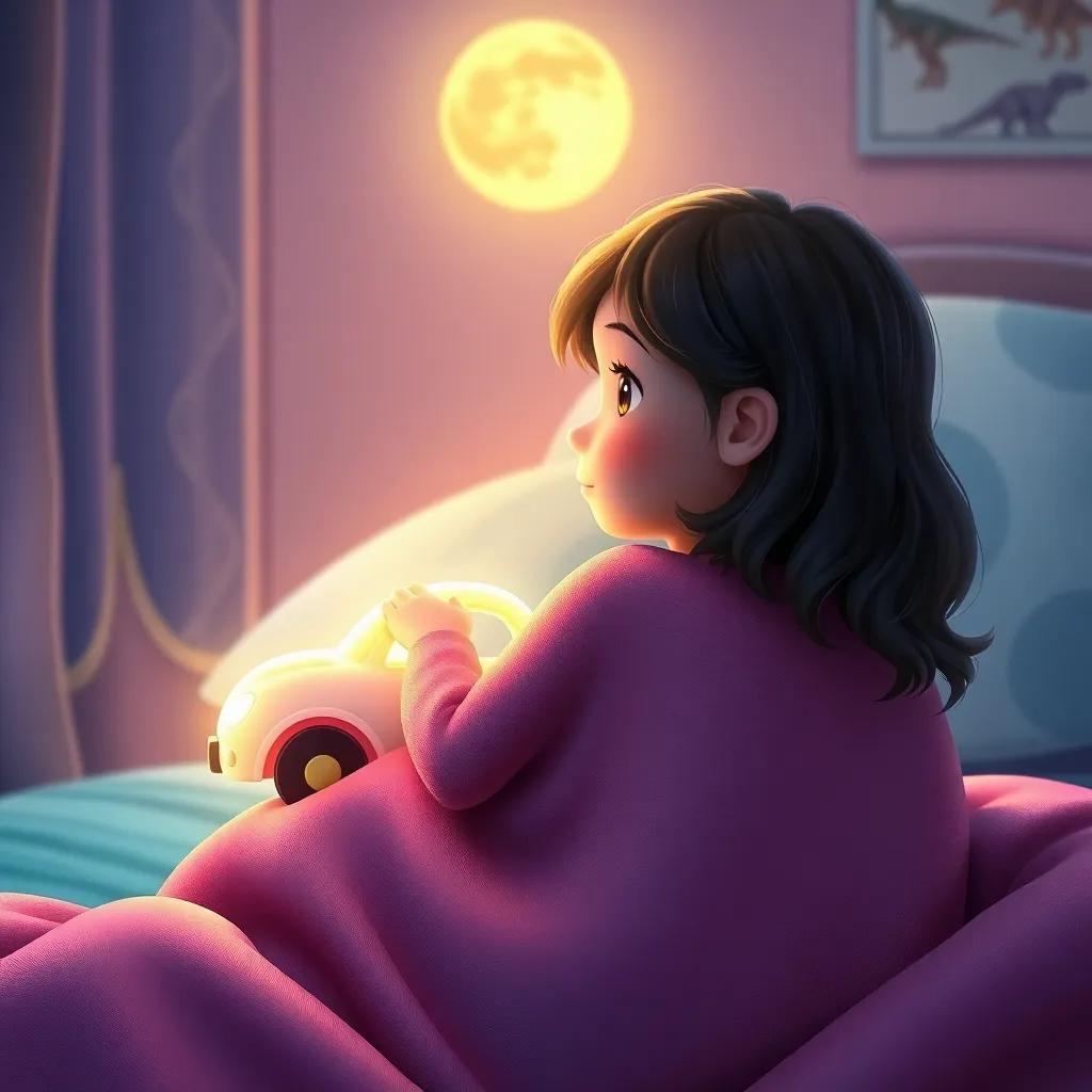 Lily, back in her room with a glowing toy car, snuggled under her blanket, dreaming of dinosaurs, soft moonlight, cozy atmosphere, high quality