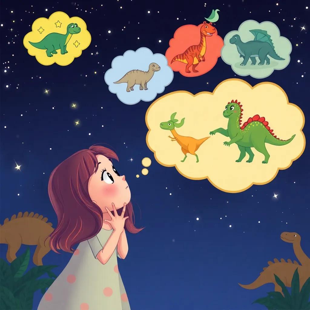 Lily dreaming of Trixie and their adventures among dinosaurs, colorful thought bubbles above her with dino images, whimsical, night sky background, high quality