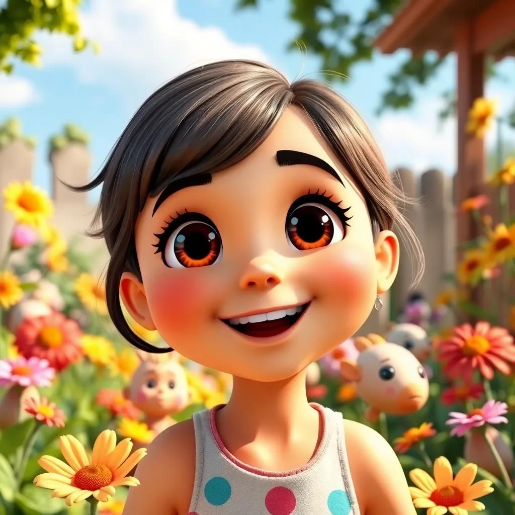 A young girl, Lina, with big, bright eyes and a cheerful smile, playing outside in a sunny garden with her friends, colorful flowers around, joyful atmosphere, digital art, vibrant colors, playful scene, high quality