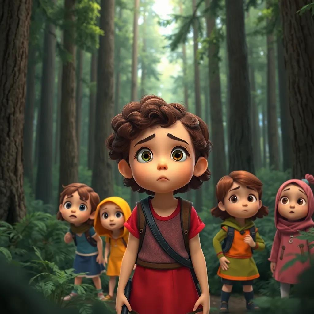 Zara, a young girl with curly brown hair, looking worried with her friends in a dense forest with tall trees, trying to find their way back, colorful outfits, worried expressions, child-friendly style, high quality