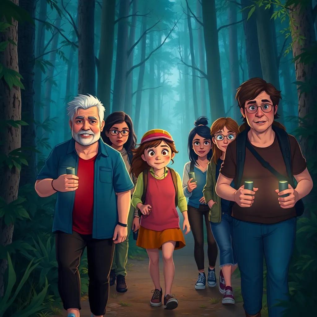 A group of adults and Lina, looking determined, walking through the forest with flashlights, following a narrow path, a sense of urgency, diverse group of caring neighbors, detailed digital art, warm light, community spirit, high quality