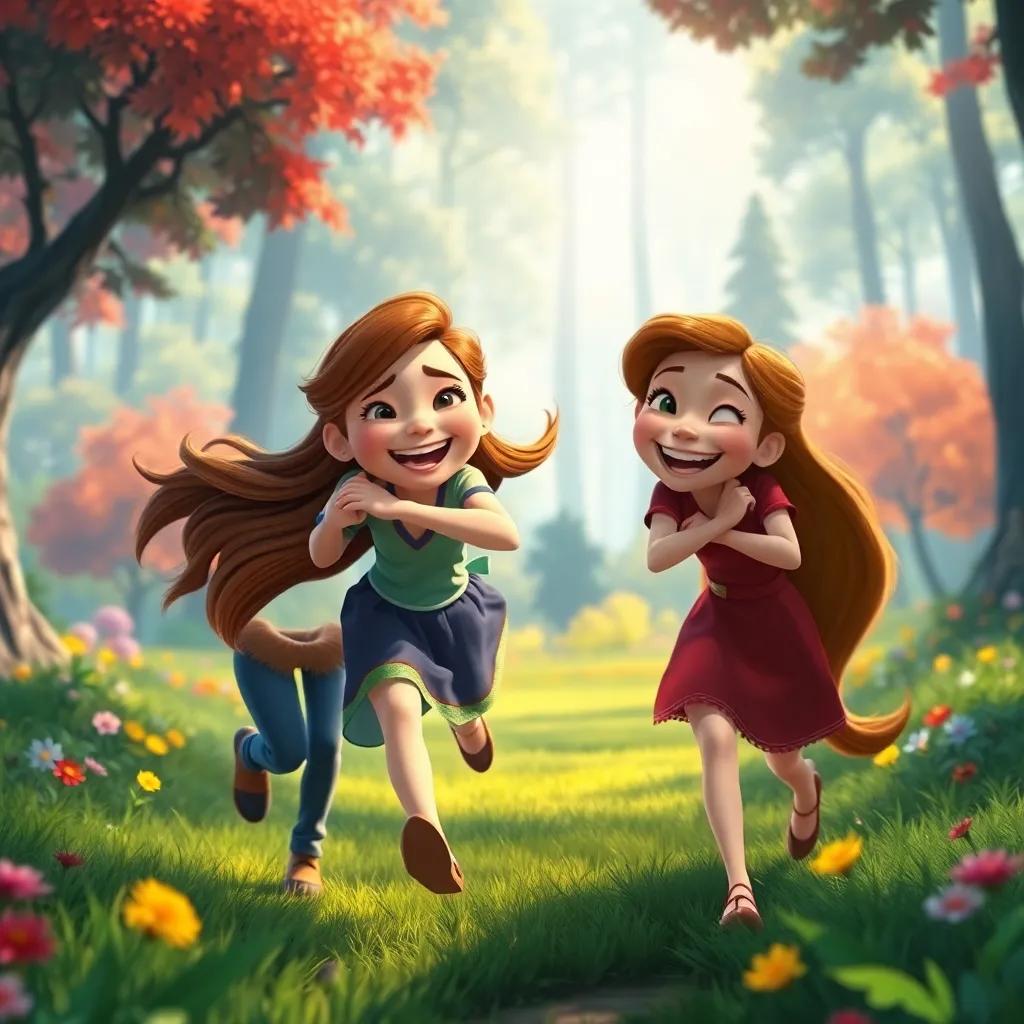 Lina joyfully running to her lost friends, who are hugging her tightly, bright forest backdrop, Zara smiling broadly, a sense of relief and joy in their expressions, colorful trees and flowers around, heartwarming setting, high quality