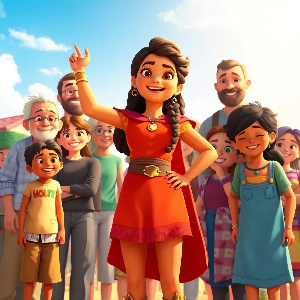 Lina as a hero, standing proudly with her friends and neighbors surrounding her, everyone smiling, a feeling of gratitude in the air, sunny day with a clear blue sky, warm colors, celebrating together, high quality