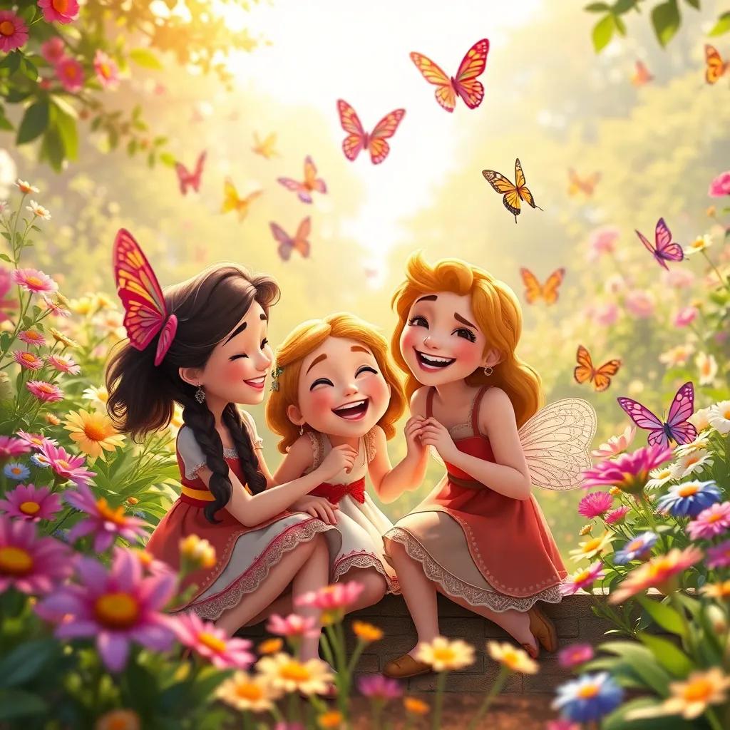 Lina and her friends happily playing together in the garden after the adventure, laughter and joy around, colorful flowers and butterflies, a lovely scene of friendship, bright light, cheerful atmosphere, high quality
