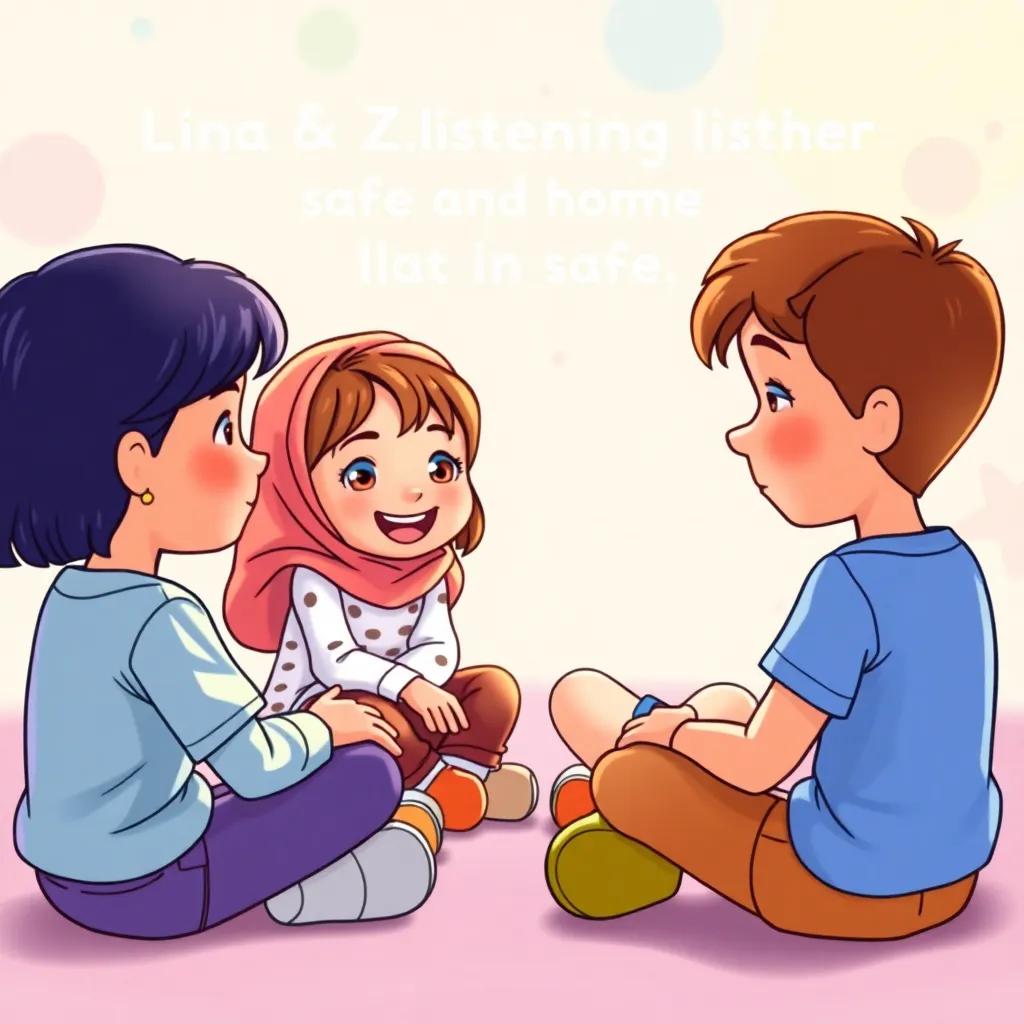 Young children, including Lina and Zara, sitting in a circle, discussing the importance of listening and being safe, with smiles and laughter, colorful background, child-friendly illustration, high quality