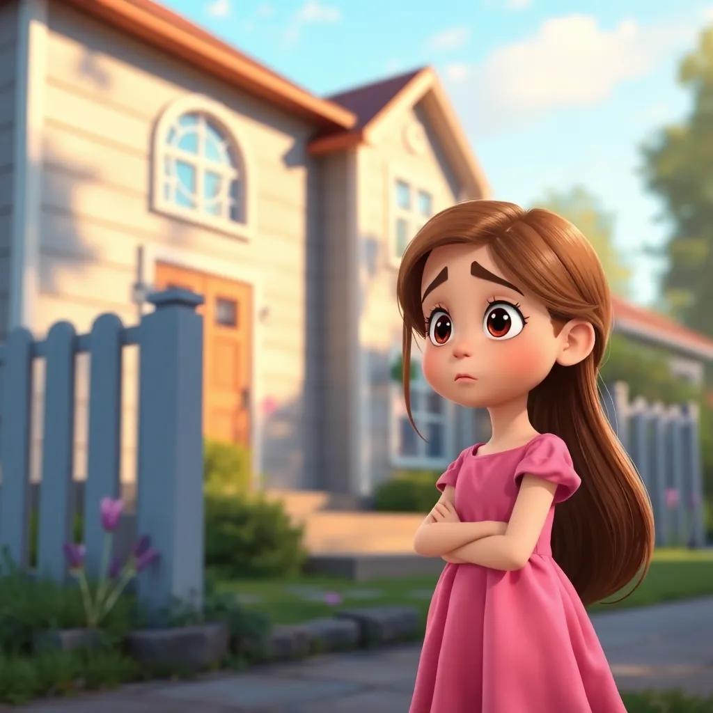 A thoughtful girl, Lina, with long brown hair in a pink dress, standing in front of a sunny house, looking at her mother with a concerned expression, outdoor suburban setting, digital art, cheerful colors, warm atmosphere, high quality