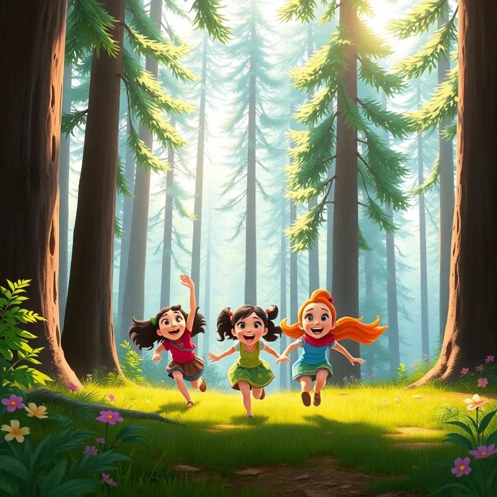 A beautiful forest with tall trees and sunlight peeking through, Lina's friends laughing and running excitedly into the woods, vibrant and enchanting scenery, illustration, bright and playful, child-friendly