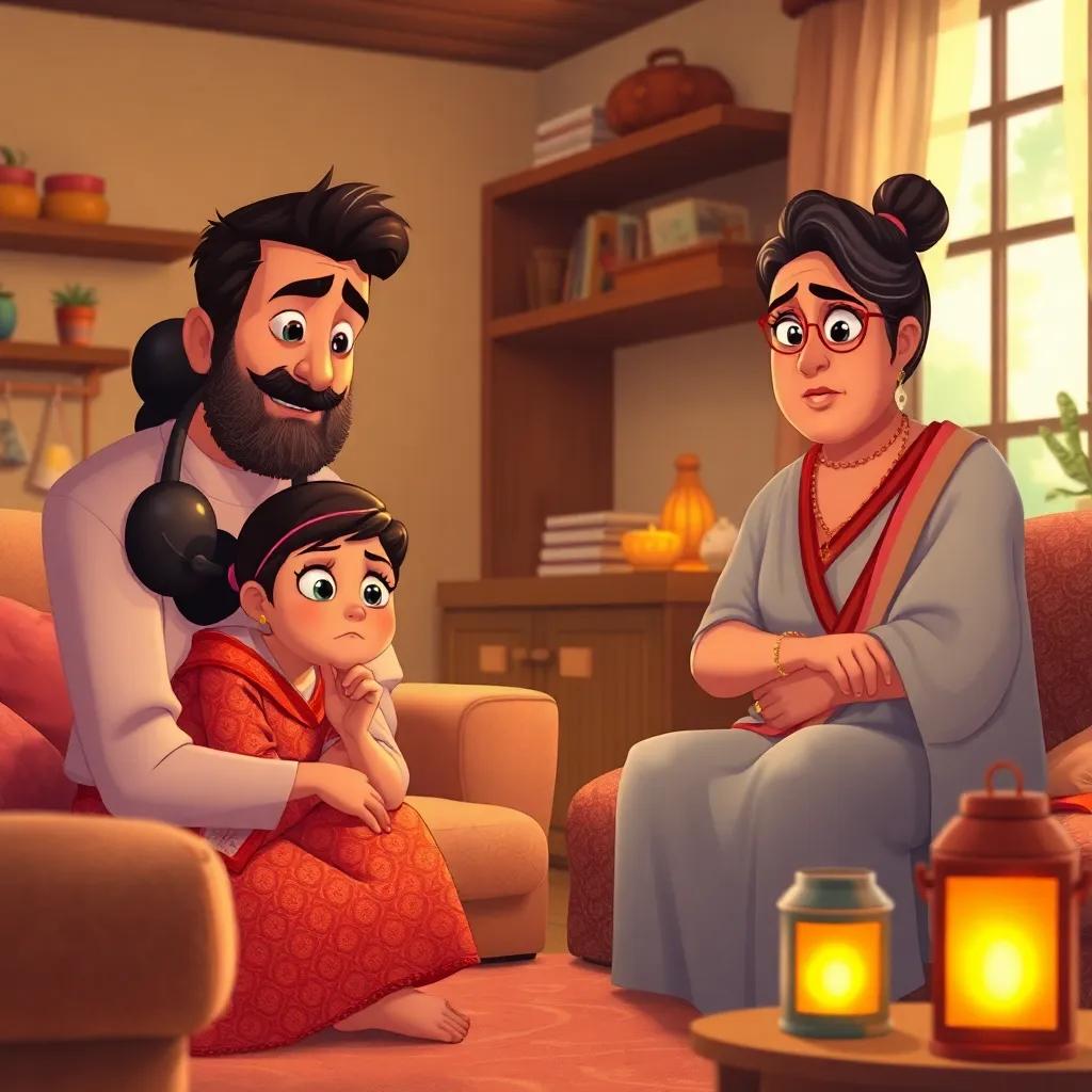 A worried Lina talking to her parents in their cozy living room, her dad preparing lanterns and her mom looking serious, indoor setting, warm light, comforting colors, inviting atmosphere, high quality