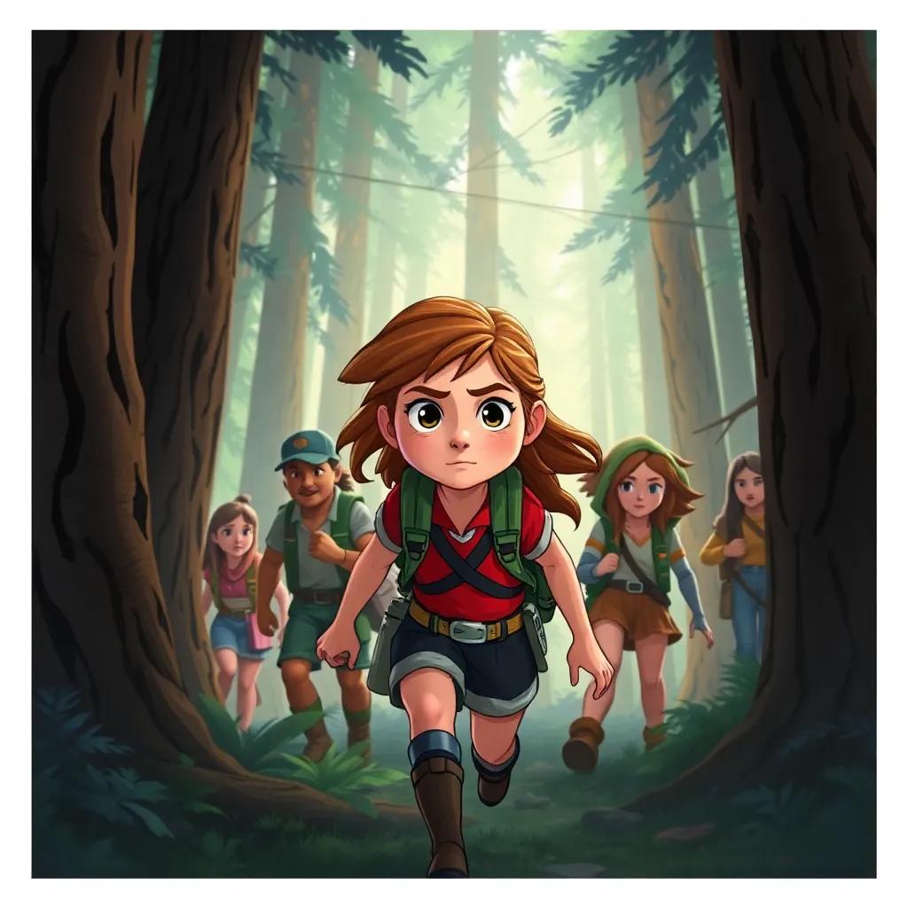 A brave girl, Lina, leading a group of rescuers through the whispering woods, strong determination on her face, surrounded by tall trees and shadows, illustration, adventurous theme, detailed and vibrant, child-friendly
