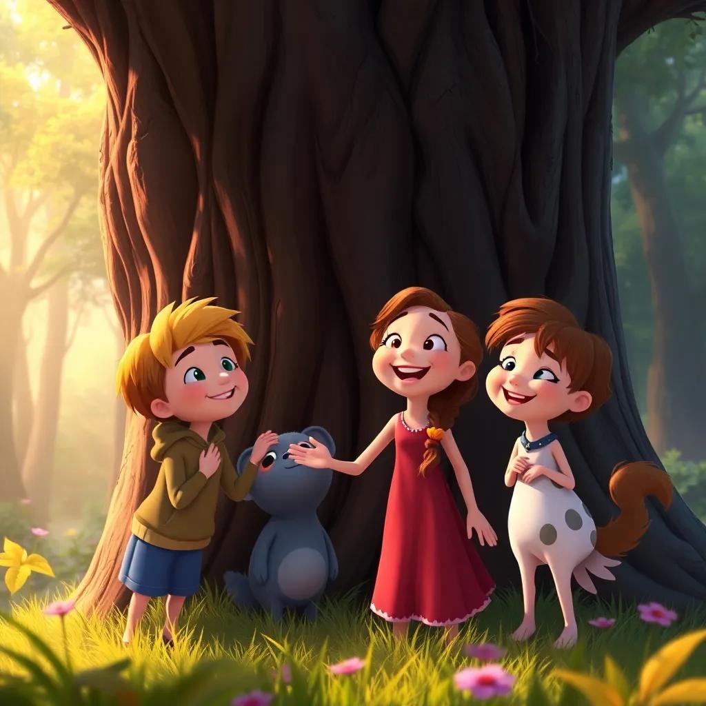 Lina joyfully finding her scared friends by a big tree, relief and happiness on their faces, the forest around them bathed in soft light, colorful, heartwarming scene, digital painting, uplifting and warm colors, high quality