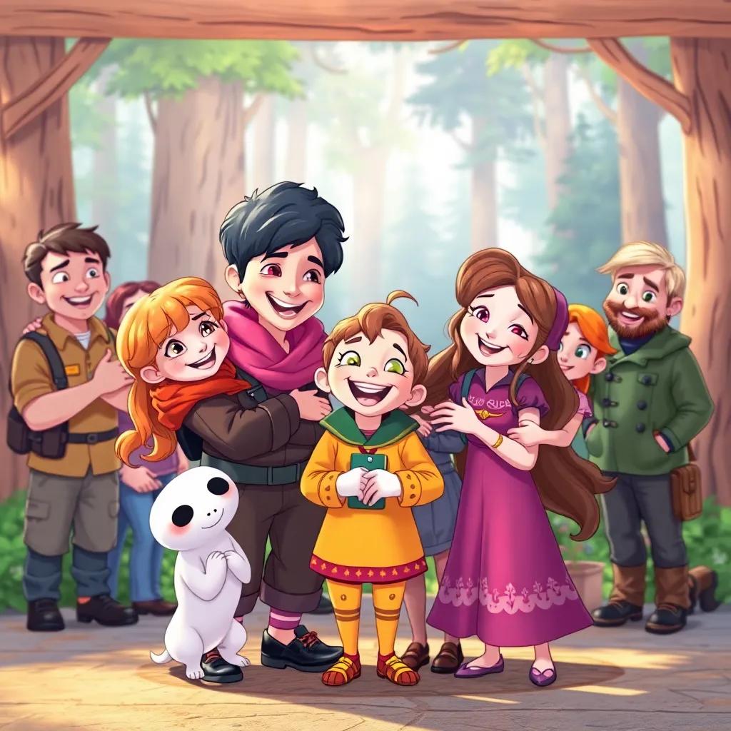 A happy reunion of Lina and her friends with the rescuers, everyone smiling and embracing, the forest clearing in the background, bright and cheerful atmosphere, illustration, rich colors, magical feeling, child-friendly