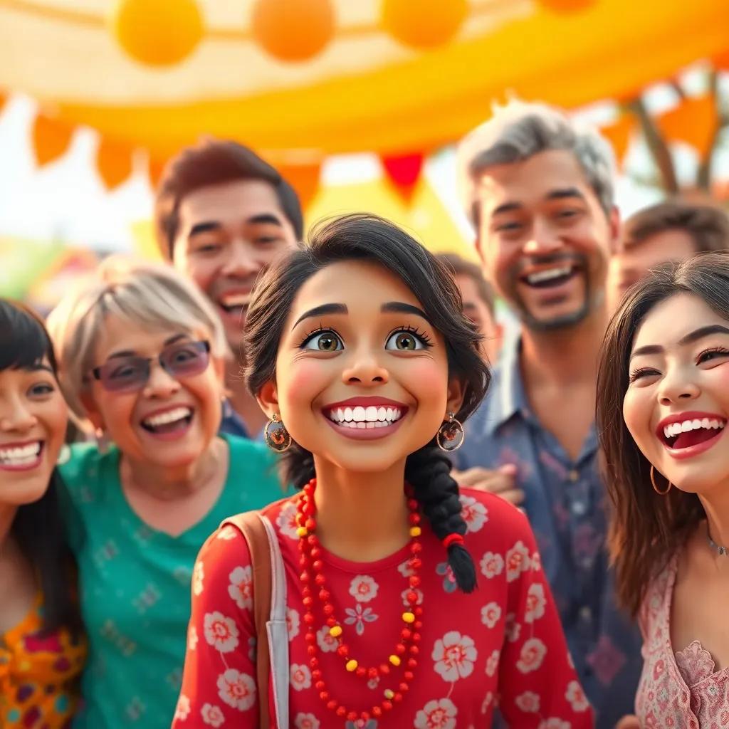 Lina being celebrated by her friends and family, smiling brightly with a sense of pride, bright colors and joyful expressions all around, outdoor setting, vibrant, uplifting atmosphere, high quality