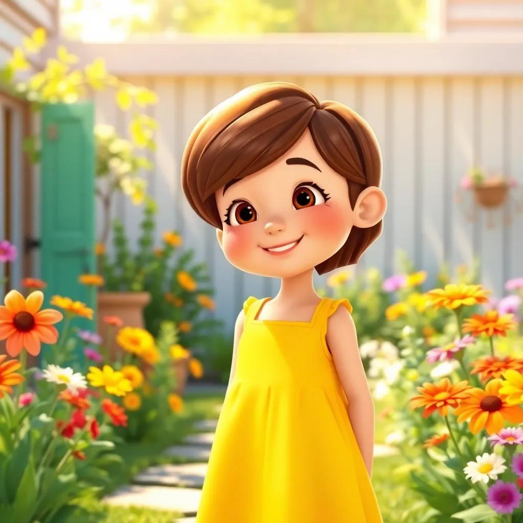 A cheerful girl named Lina with short brown hair wearing a bright yellow dress, standing in her sunny backyard talking to her mother, vibrant flowers around, warm sunlight, friendly environment, child-friendly