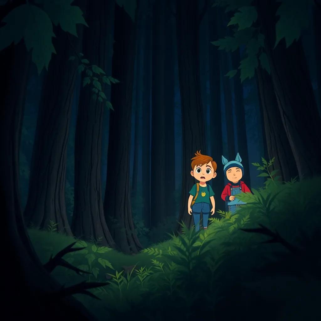 A dark and leafy forest with tall trees, showing Lina at the edge looking worried as her friends Tim and Sara venture inside, curiosity on her face, detailed illustration, mysterious yet inviting atmosphere