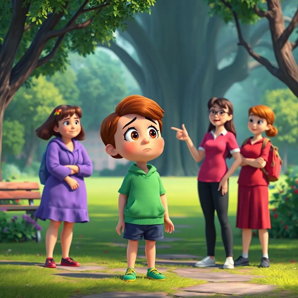An anxious Lina standing near adults in a park, pointing towards the dark forest with worried expressions on the adults' faces, brightly colored park setting, caring and alert adults, cheerful scene