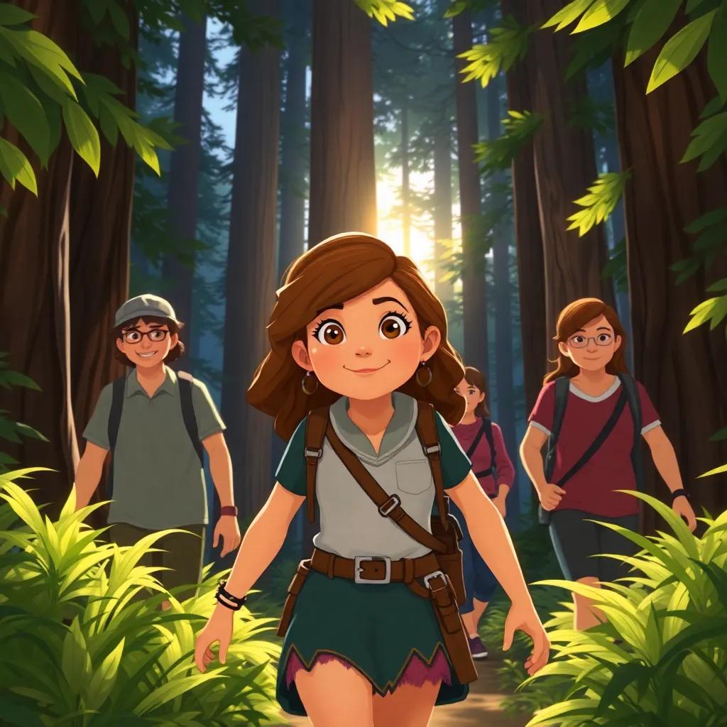 A brave Lina leading adults deeper into the forest, tall trees surrounding them, sun peeking through leaves, a determined look on her face, joyful mood