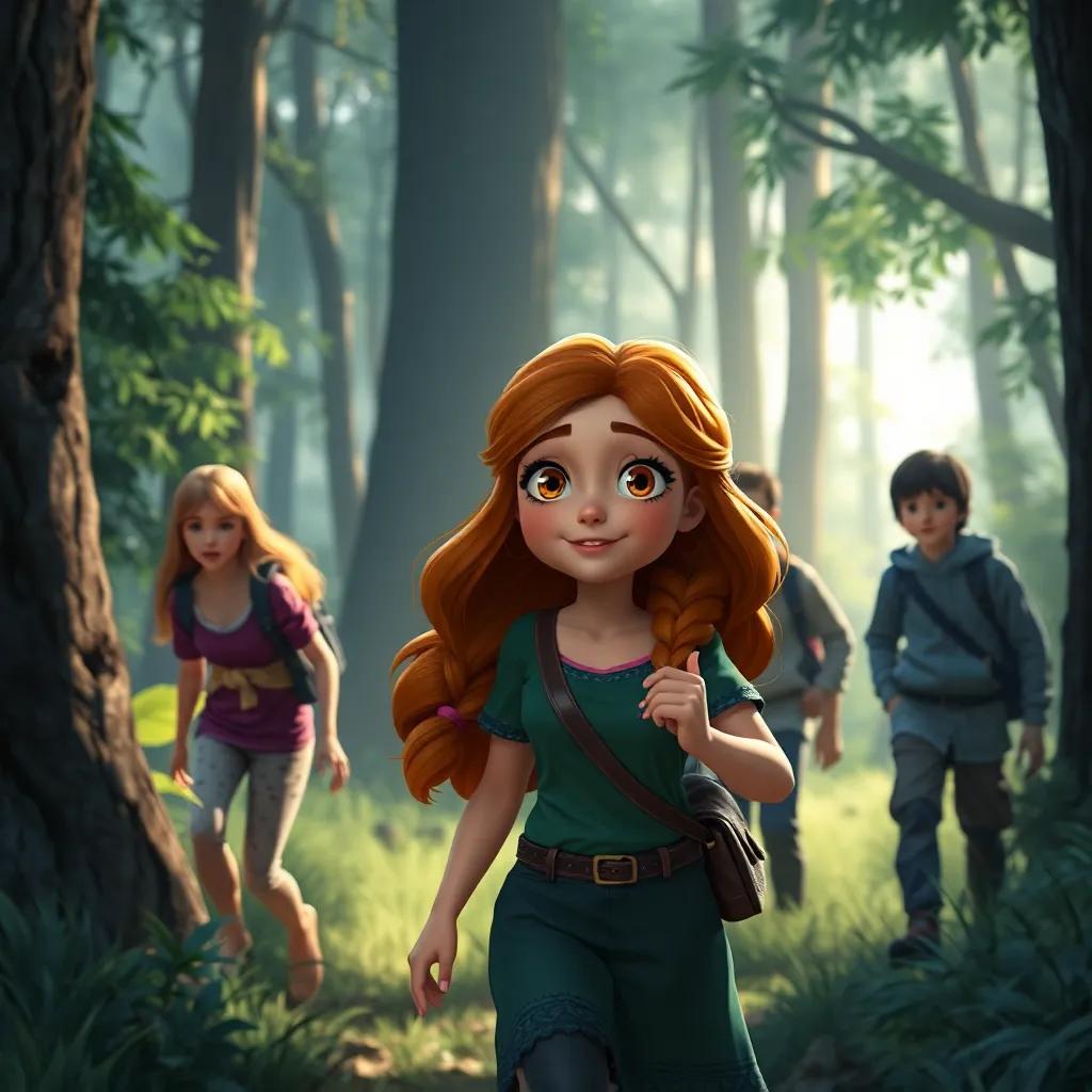 Lina guiding the adults through the forest, with sounds of nature around them, her eyes focused thinking of her lost friends, supportive and friendly atmosphere