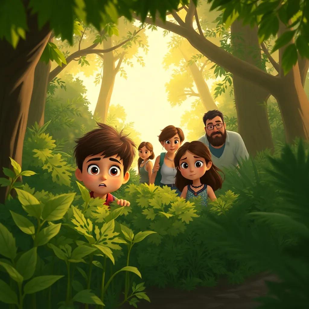 Tim and Sara trapped behind bushes looking scared, with trees and plants surrounding them, Lina and the adults approaching, concerned expressions, warm light filtering through the trees