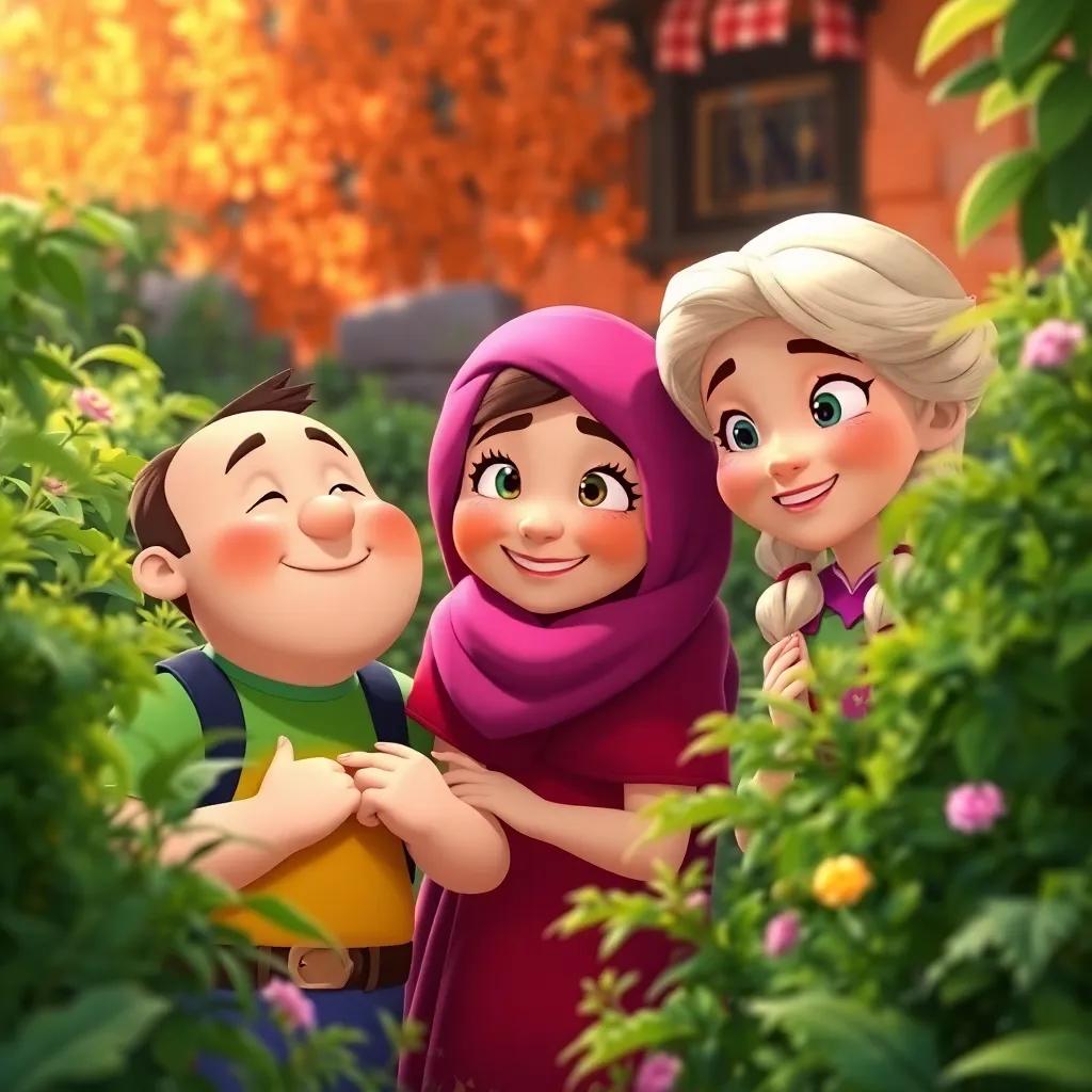 Tim and Sara looking relieved and happy as Lina helps them out from behind the bushes, vibrant colors, a sense of friendship and joy in the air, heartwarming moment