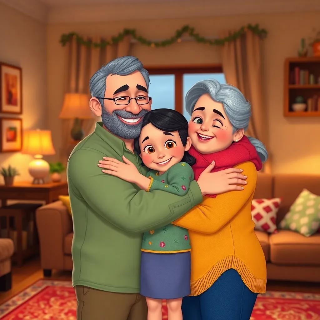 Lina's parents hugging her tightly in their living room after the adventure, a cozy atmosphere, joy and pride on their faces, colorful decorations, heartwarming family scene
