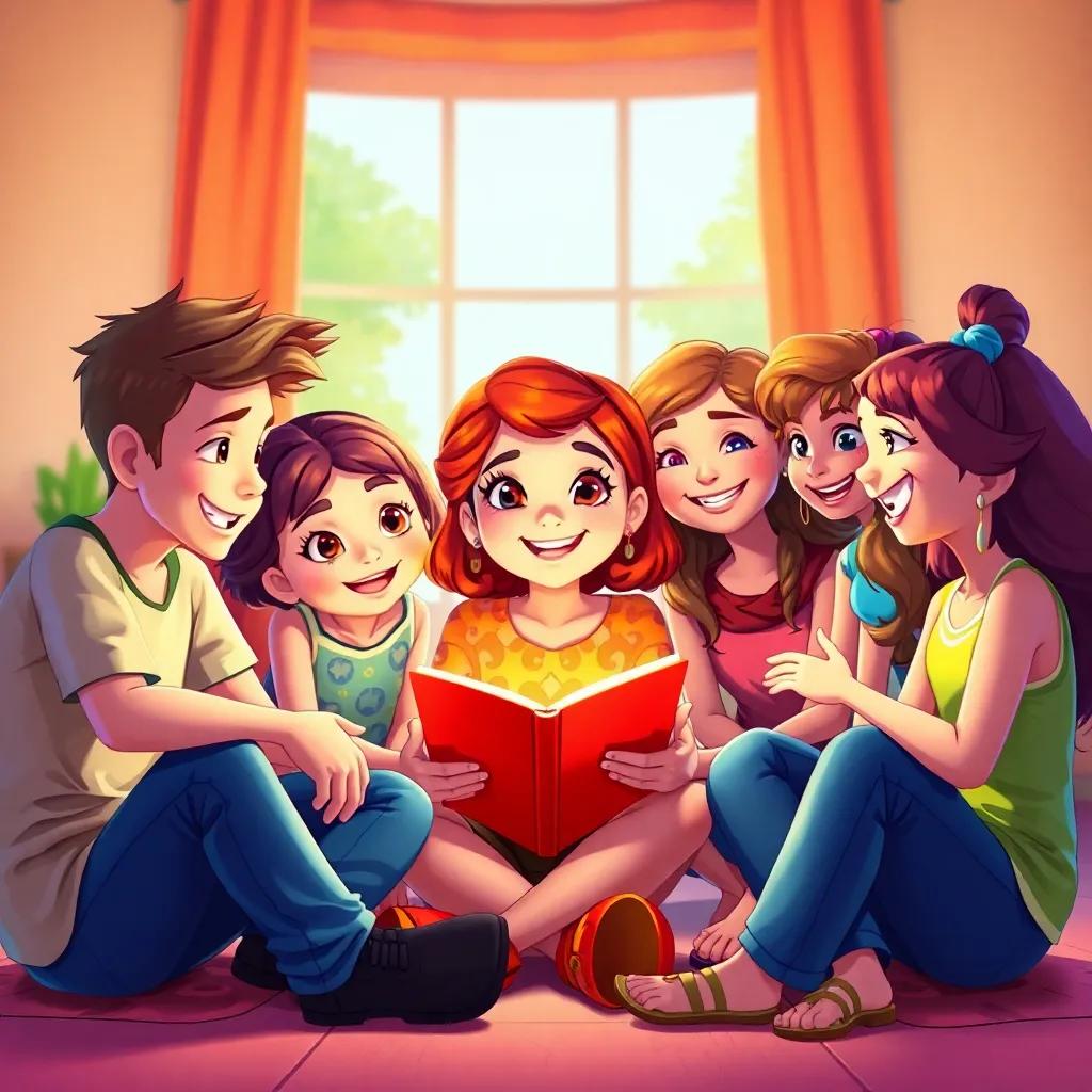 Lina smiling as she sits surrounded by her friends, telling them her exciting story, a playful and happy gathering, bright colors and cheerful expressions